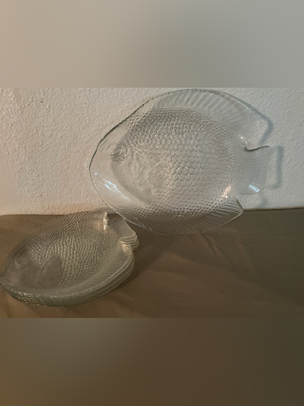 Vintage Arcoroc France Clear Glass Fish Shaped plater & 10” Dinner Plates Set 6
